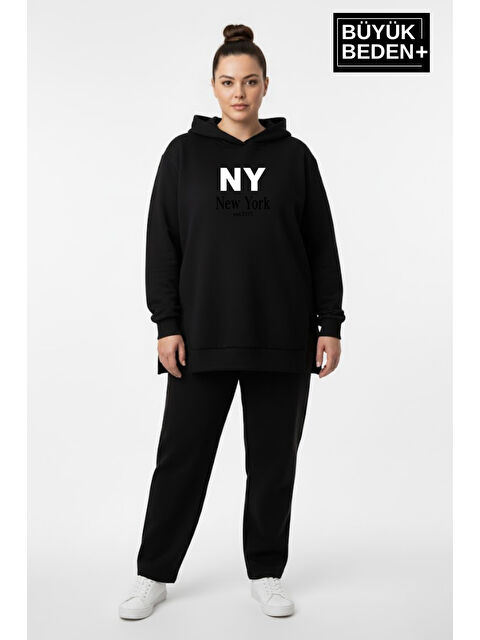 Süperlife Büyük Beden Kapüşonlu NY Newyork Baskılı Tunik ince Sweatshırt SPR26BTK991-1
