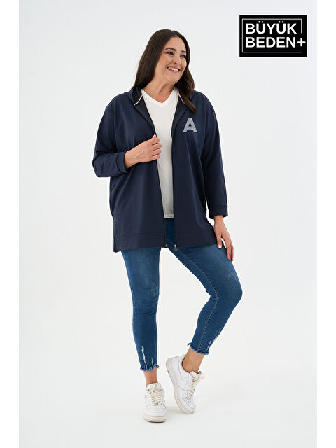 Süperlife Kadın Tunik Büyük Beden A Baskılı Fermuarlı Kapüşonlu Sweat Hırka SPR26BTK955-3 - S000505479-21164