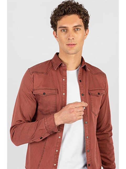 TUDORS Slim Fit Uzun Kollu Gündelik Denim Jean Erkek Bordo Gömlek - S000243756-19951