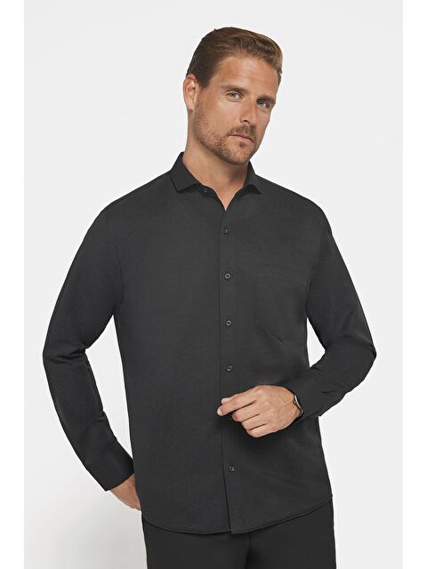 TUDORS Erkek Regular Fit Klasik Kesim Pamuklu Kolay Ütü Armürlü Siyah Gömlek - S000243757-19351