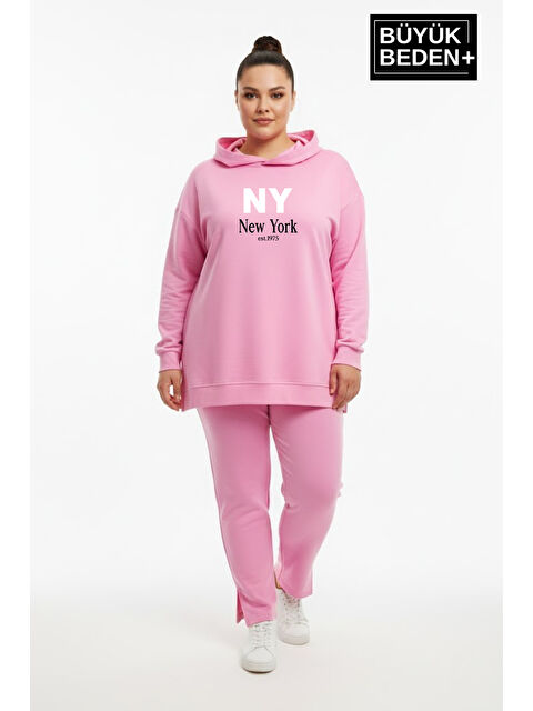 Süperlife Büyük Beden Kapüşonlu NY Newyork Baskılı Tunik ince Sweatshırt SPR26BTK991-1