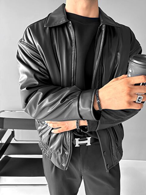 Abluka Online Erkek Oversize Premium Basic Deri Ceket Siyah - S000333051-19351