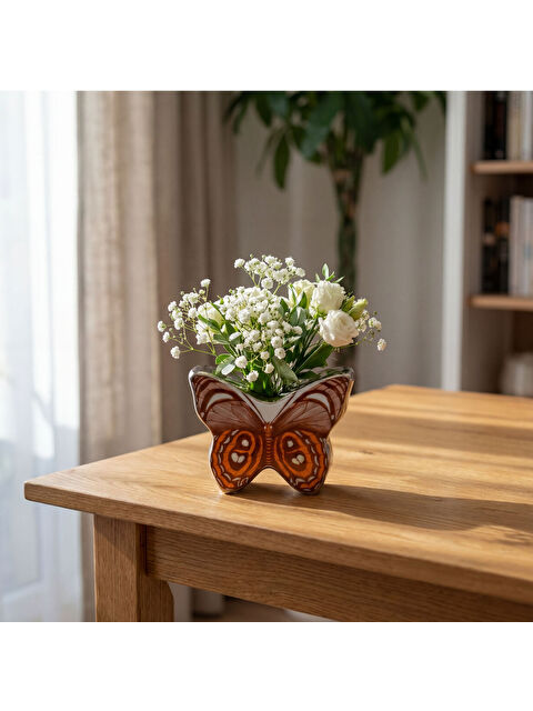 GÜRAL PORSELEN El Dekoru Kelebek Tasarımlı Dekoratif Porselen Vazo Turuncu 13x10 Cm - S000513804-37646