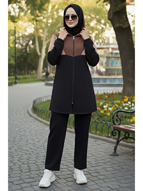 Tofisa Garnili Fermuarlı İki İplik Tunik Pantolon Kahve - 13107-KAHVE - S000154763-19413