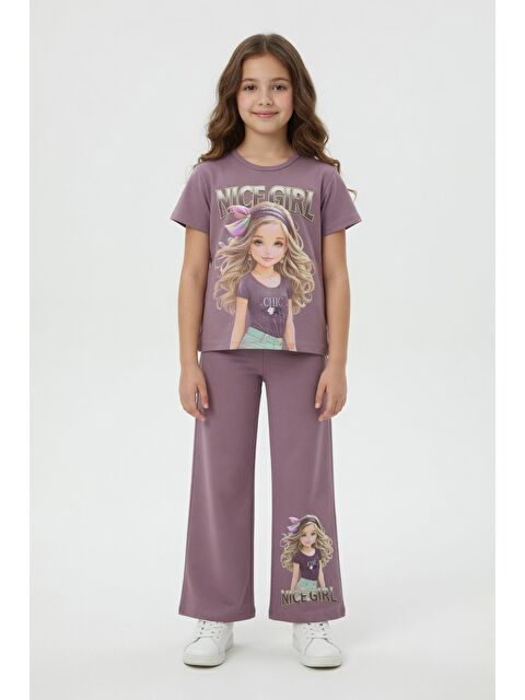 Cansın Mini Gül Kurusu Kız Karakter Baskılı Geniş Paça Pantolonlu 2li Kız Çocuk Takım 23804