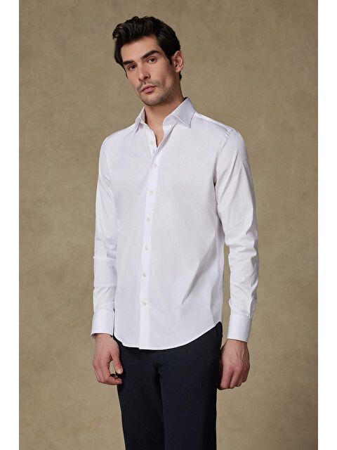 ABBATE Donatello Non Iron Twill Pamuklu Slim Fit Beyaz Klasik Yaka Erkek Düz %100 Pamuk Gömlek - S000438066-20063