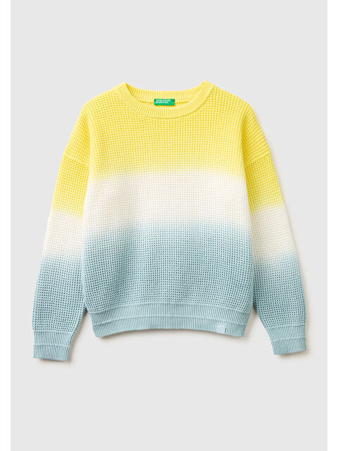 United Colors Of Benetton Erkek Çocuk Buz Mavisi Renk Geçişli Waffle Örgü Yuvarlak Yaka Kazak