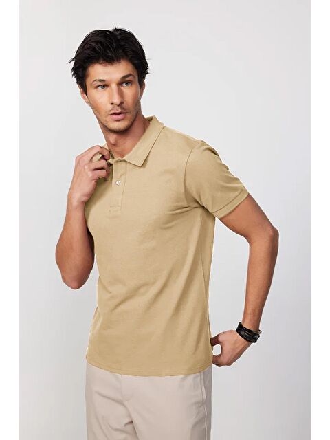 TUDORS Erkek Slim Fit Dar Kesim %100 Pamuk Bej Polo Yaka Tişört