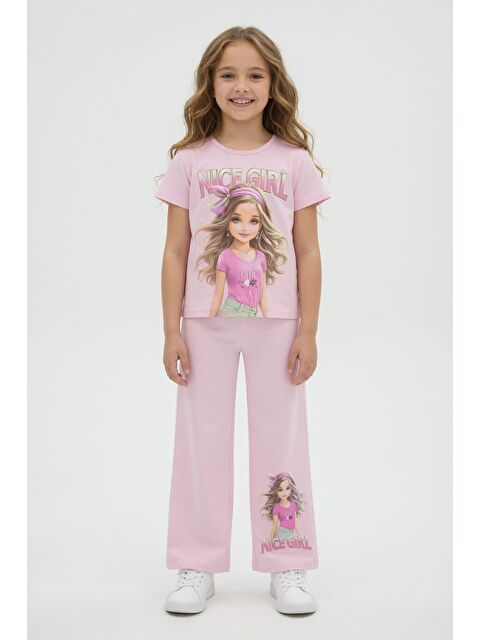 Cansın Mini Pudra Kız Karakter Baskılı Geniş Paça Pantolonlu 2li Kız Çocuk Takım 23803