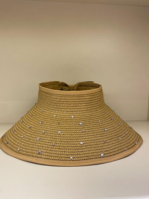 Luminos Butik Camel Taş Süslemeli Geniş Siperli Hasır Şapka - Plaj ve Güneş İçin Koruma Aksesuarı HSR2091 - S000374953-4557