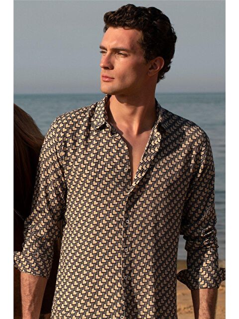 TUDORS Slim Fit Uzun Kollu Yazlık Baskılı Vıskon Erkek Gömlek