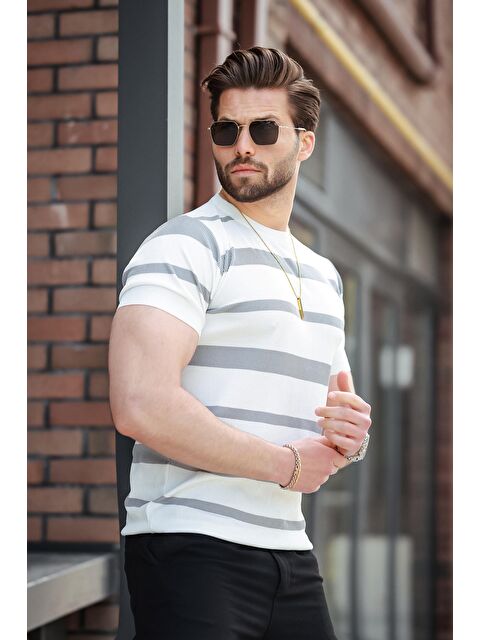 Madmext Beyaz Çizgili Bisiklet Yaka Triko Tişört E7414 - S000379495-20063