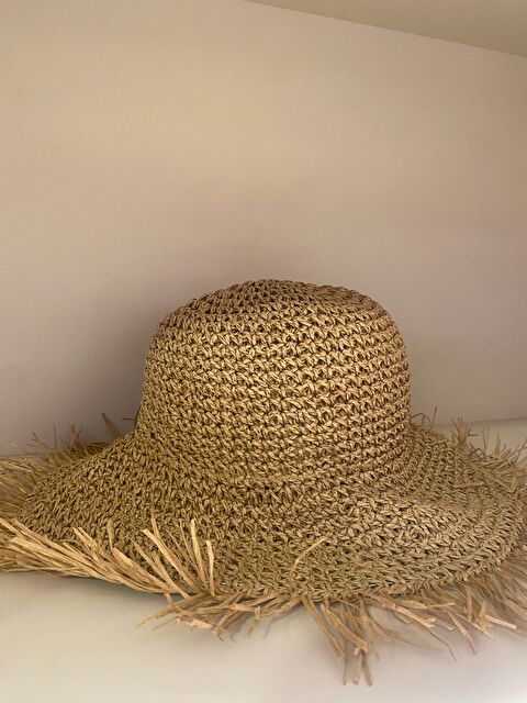 Luminos Butik Camel Doğal Dokulu El Örgüsü Hasır Şapka - Kenarları Püsküllü Geniş Kenar, Yazlık Aksesuar HSR2097 - S000375076-4557