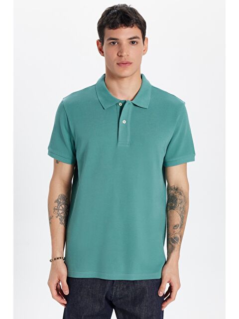 TUDORS Erkek Slim Fit Dar Kesim %100 Pamuk Yeşil Polo Yaka Tişört