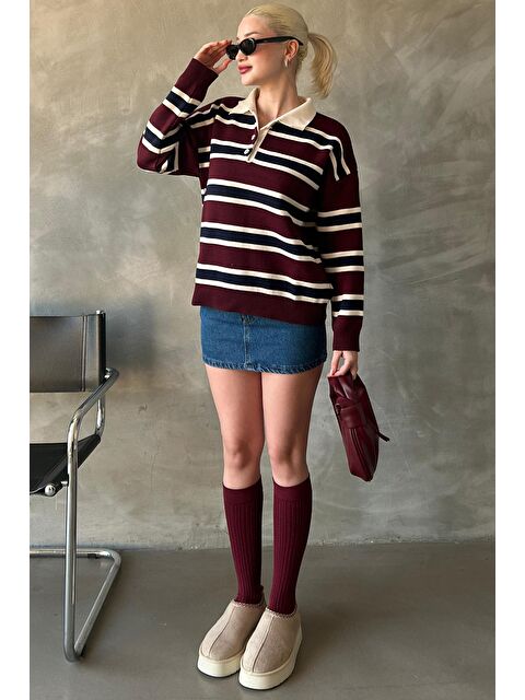Madmext Bordo Çizgili Düğmeli Polo Yaka Kadın Triko Kazak Mg2281 - S000345234-19951