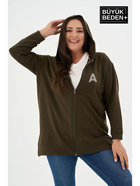 Süperlife Kadın Tunik Büyük Beden A Baskılı Fermuarlı Kapüşonlu Sweat Hırka SPR26BTK955-3 - S000505479-18547