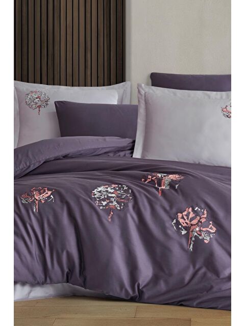Çeyiz Diyarı Root Nakışlı %100 Pamuk Saten Çift Kişilik Nevresim Takımı Mor - S000493132-20042