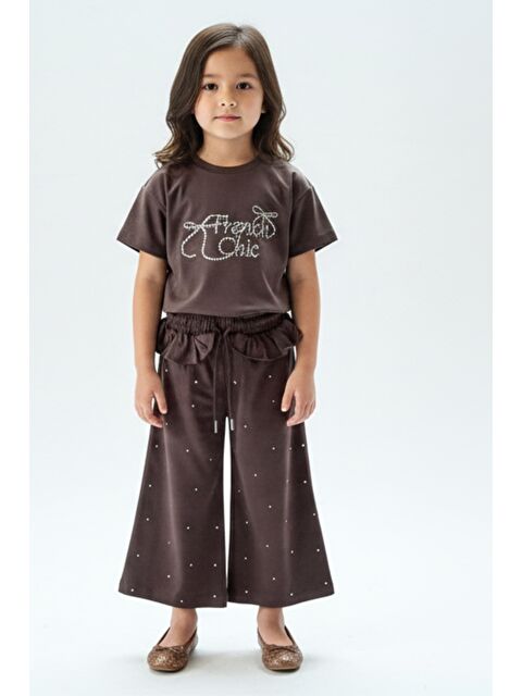 Toontoykids Kız Çocuk 2'li Takım Taş İşlemi Bisiklet Yaka Kısa Kollu Tişört & Taş İşlemeli Beli Lastikli Bol Pa