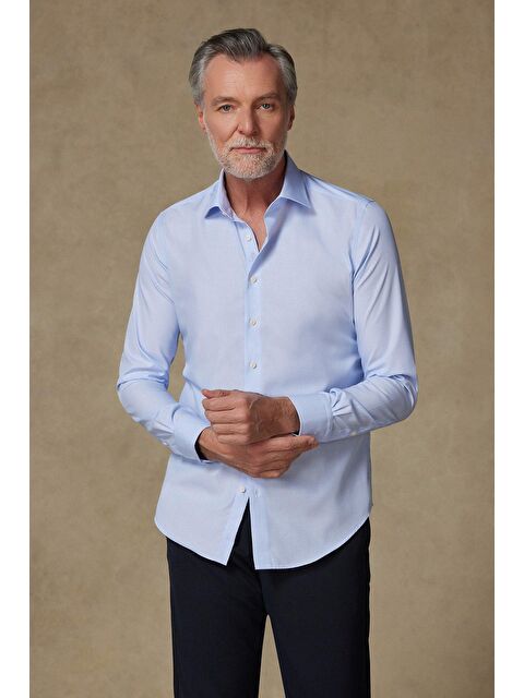 ABBATE Donatello Non Iron Poplin Pamuklu Slim Fit Açık Mavi Klasik Yaka Erkek Çizgili %100 Pamuk Gömlek - S000438078-17437
