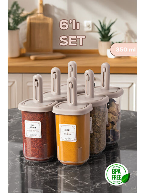 Porsima 4362 Kaydırmalı Kaşıklı Baharatlık Seti 6'lı Şeffaf - Cappucino - S000451974-29705