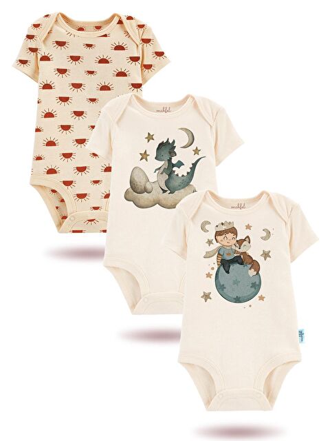 Mahfel 3'Lü Organik Baskılı Kısa Kollu Unisex Bebek Çıtçıtlı Body - S000177605-19965