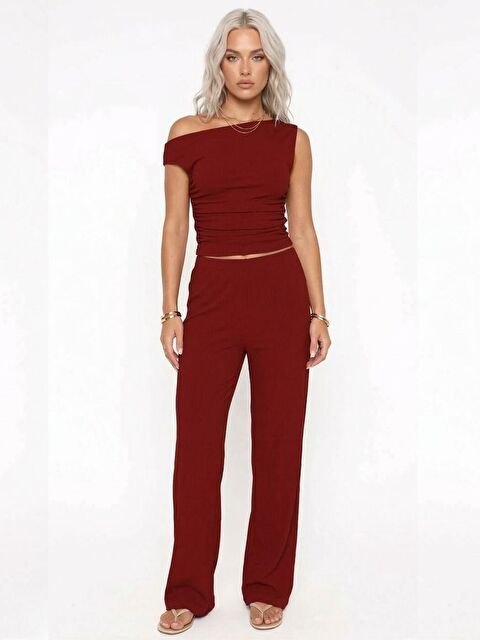 Trendseninle Acı Kahve Tek Omuz Detaylı Büzgülü Bluz Pantolon Örme Bürümcük  Takım - S000531212-28102
