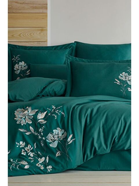 Çeyiz Diyarı İmpero Nakışlı %100 Pamuk Saten Çift Kişilik Nevresim Takımı Yeşil - S000493144-18194