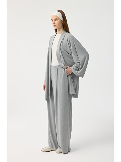 Kadriye Baştürk Modal Cupra Geniş Pileli Pantolon Midi Abaya Takım Gri Melanj