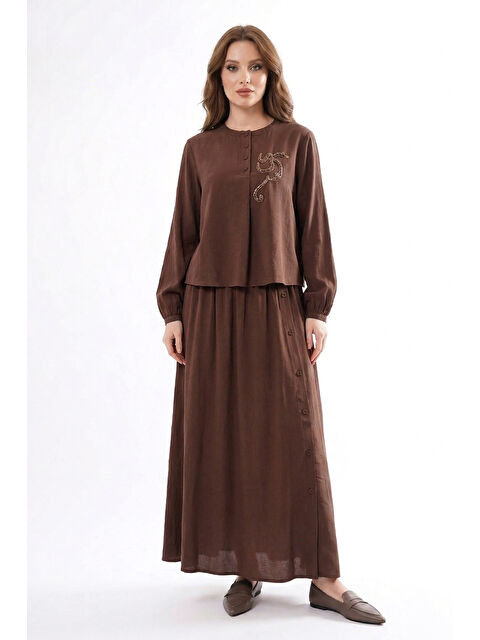 Remsa Kristal işlemeli Etekli Modal Takım 918 Kahverengi