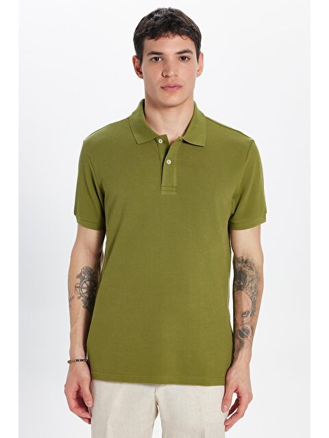 TUDORS Erkek Slim Fit Dar Kesim %100 Pamuk Haki Polo Yaka Tişört