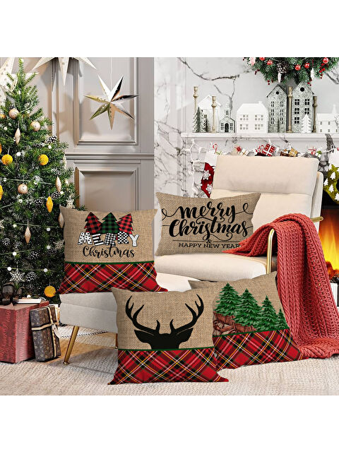 Evmila 4 lü Yılbaşı Temalı Kadife Kırlent Kılıfı 43x43 cm - S000285252-23173