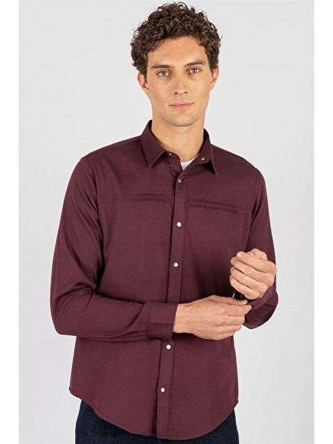 TUDORS Slim Fit Uzun Kollu Dar Kesim Metal Düğme Denim Erkek Mürdüm Gömlek - S000243763-20036