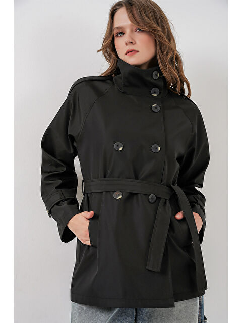 Bigdart Kadın Kruvaze Yaka Kısa Trençkot 5980 - Siyah - S000473535-19351