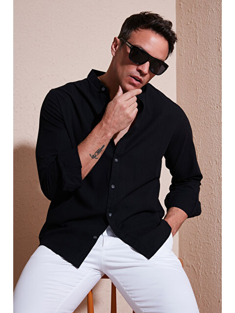 Buratti Keten Görünümlü Pamuklu Regular Fit Hakim Yaka Erkek %100 Pamuk Gömlek CF25S112637 - S000358294-19351