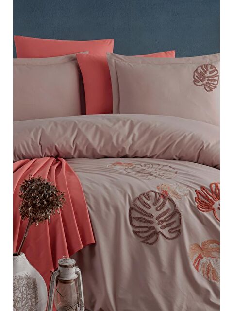 Çeyiz Diyarı Palmariva Nakışlı %100 Pamuk Çift Kişilik Nevresim Takımı Vizon - S000493167-26429