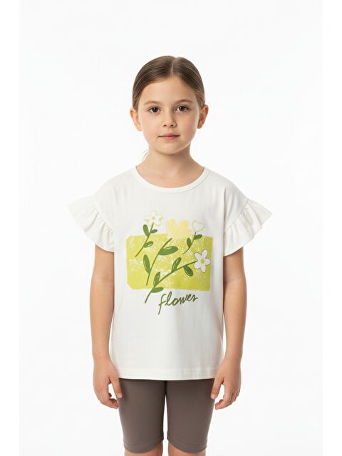 Toontoykids Kız Çocuk Baskılı  Bisiklet Yaka Kolu Fırfırlı Tişört 25008