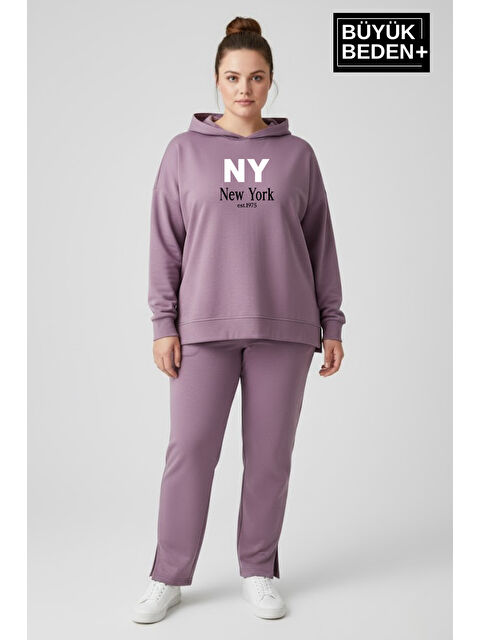 Süperlife Büyük Beden Kapüşonlu NY Newyork Baskılı Tunik ince Sweatshırt SPR26BTK991-1