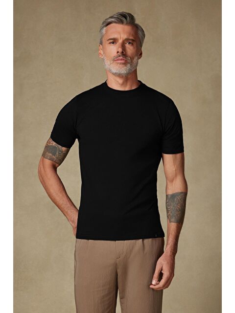 ABBATE Easy Penye Pamuklu Comfort Fit Siyah Bisiklet Yaka Erkek Düz %100 Pamuk Tişört - S000438083-19351