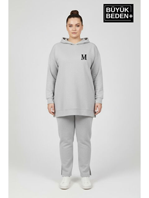 Süperlife Büyük Beden Kapüşonlu M Baskılı Tunik ince Sweatshırt SPR26BTK991-4