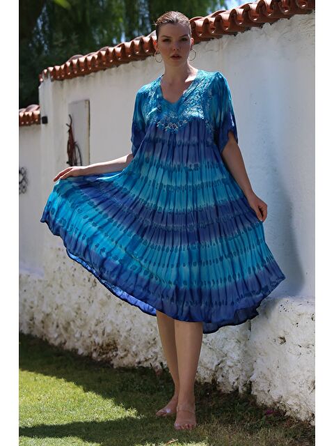 Chiccy Lacivert-Mavi Havuz Yaka Kısa Kol Batik Nakışlı Casual Dokuma Elbise 105 70 - S000416128-37350