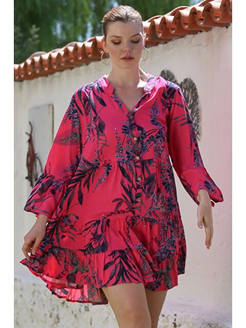 Chiccy Fuşya Hakim Yaka Volanlı Kol Düğmeli Eteği Fırfırlı Allover Baskılı Casual Dokuma Elbise 90 64 - S000416108-18686