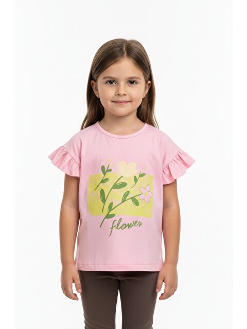 Toontoykids Kız Çocuk Baskılı  Bisiklet Yaka Kolu Fırfırlı Tişört 25008