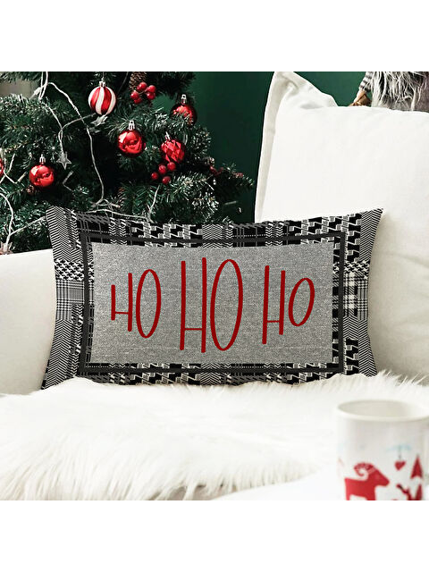 Evmila Yılbaşı Temalı Ho Ho Ho Desenli Kadife Kırlent Kılıfı 35x55 cm - S000285251-23173