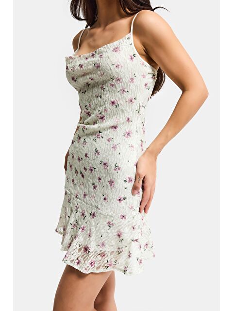 It's Basic Kadın Ekru Yeşil s6 Çiçek Desen-3 Esnek Kumaş Askılı Mini Elbise