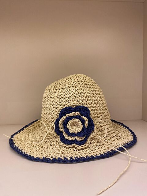 Luminos Butik Bej Doğal El Örgüsü Hasır Şapka  Lacivert Şeritli Plaj ve Açık Hava İçin Güneş Koruyucu HSR2095 - S000379497-19928