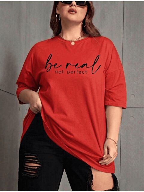 Oksit Be Real Kadın Büyük Beden Battal Baskılı Bisiklet Yaka Pamuklu T-Shirt Rahat Kesim Unisex Sevgili Ko