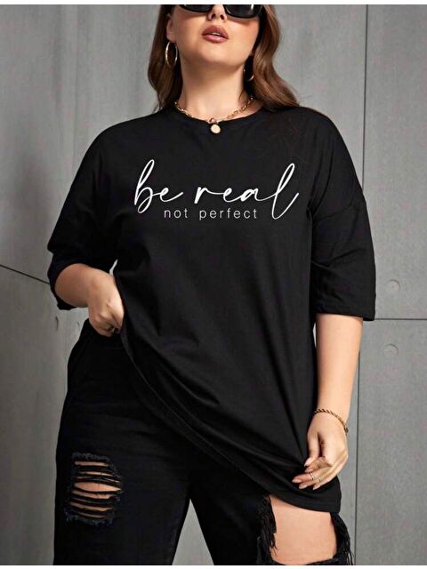 Oksit Be Real Kadın Büyük Beden Battal Baskılı Bisiklet Yaka Pamuklu T-Shirt Rahat Kesim Unisex Sevgili Ko
