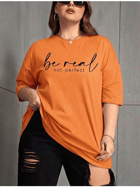 Oksit Be Real Kadın Büyük Beden Battal Baskılı Bisiklet Yaka Pamuklu T-Shirt Rahat Kesim Unisex Sevgili Ko
