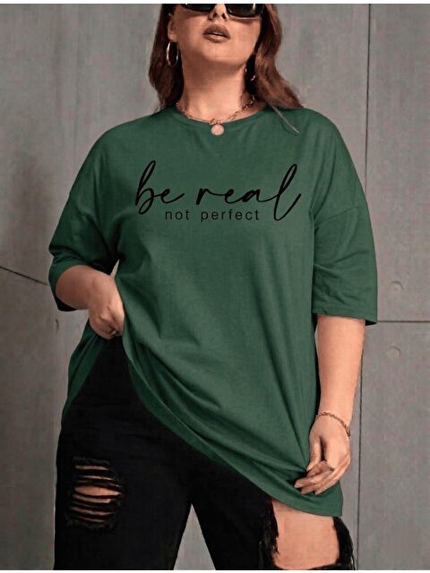Oksit Be Real Kadın Büyük Beden Battal Baskılı Bisiklet Yaka Pamuklu T-Shirt Rahat Kesim Unisex Sevgili Ko