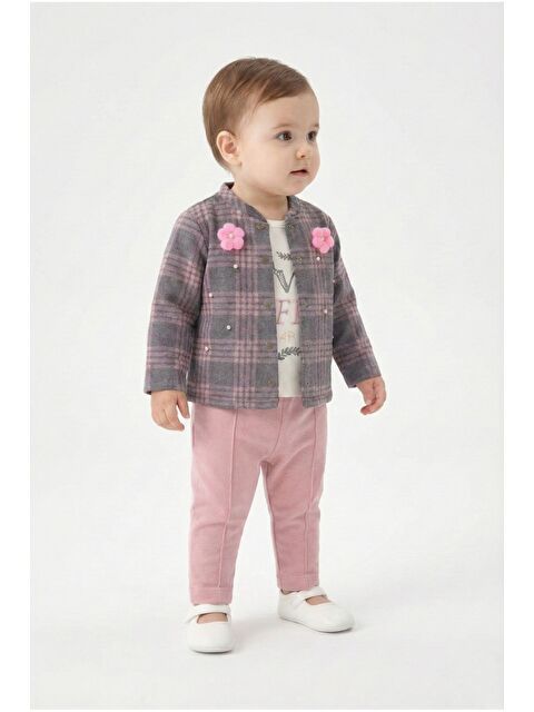 Chicsy Baby Ekose Desenli Çiçek Aksesuarlı 3lü Bebek Takımı